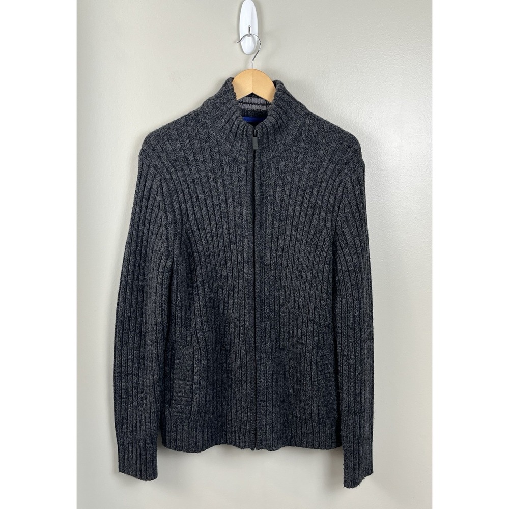 Kenneth Cole Men's Lg Wool Blend Gray Ribbed‎ Full Zip Sweater Grandpa Core